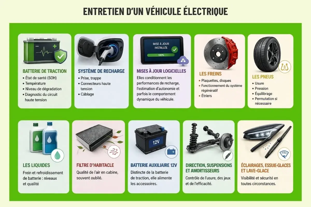 Guide d'entretien d'une voiture électrique : batterie, recharge, freins, pneus, liquides, filtres, etc. pour une révision complète.