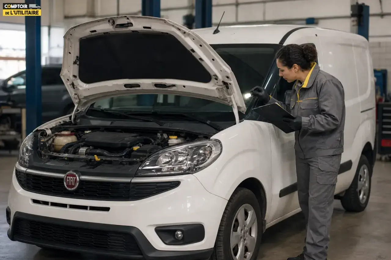 Mécanicienne vérifiant le moteur d'un Fiat Doblo blanc. Le capot est ouvert, révélant le compartiment moteur. Elle tient une tablette et un stylo.