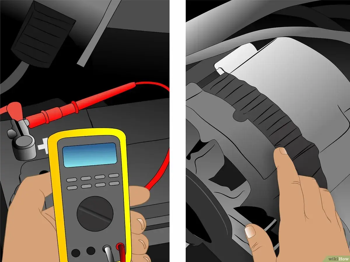 Diagnostic d'un alternateur qui fonctionne mais ne charge pas la batterie. Un multimètre est utilisé pour tester la tension de la batterie.