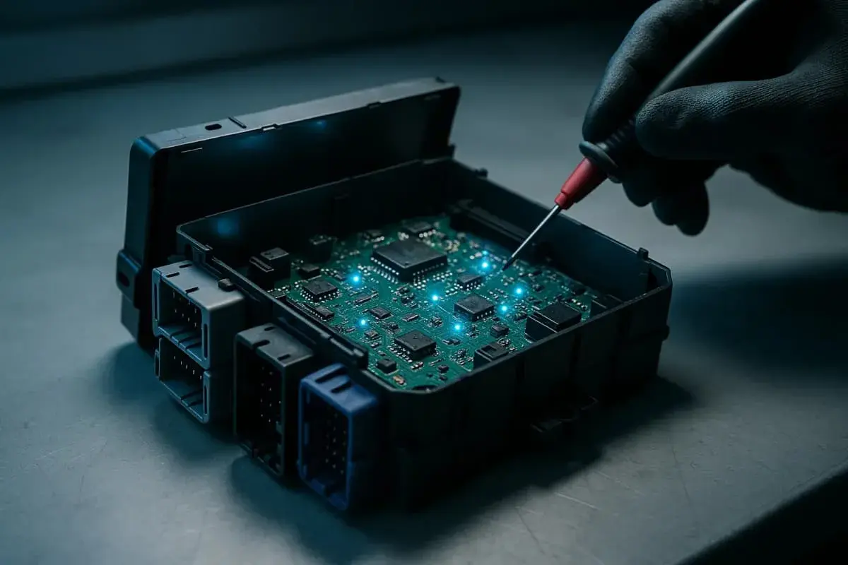 Réparation d'un boîtier électronique de bsi voiture. Une main gantée utilise un outil pour tester la carte mère illuminée.