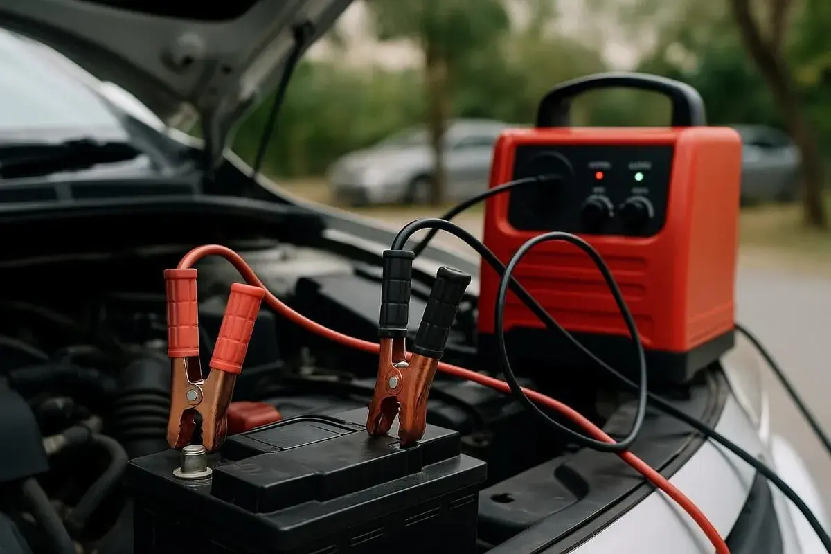 Chargeur de batterie rouge connecté à une batterie de voiture. Combien de temps rouler pour recharger une batterie ? Cela dépend de l'état de la batterie.