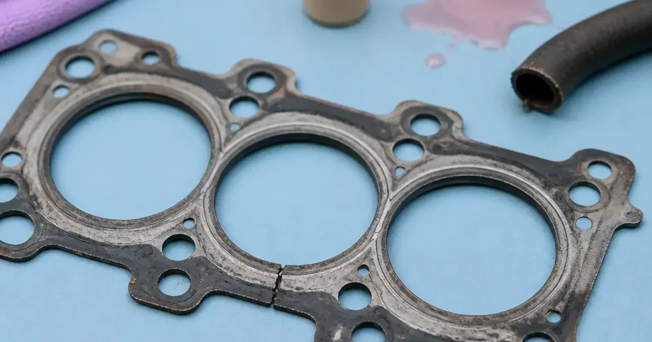 Un joint de culasse usé, prêt à être remplacé. Des traces de liquide de refroidissement rose et un tuyau sont visibles à proximité.