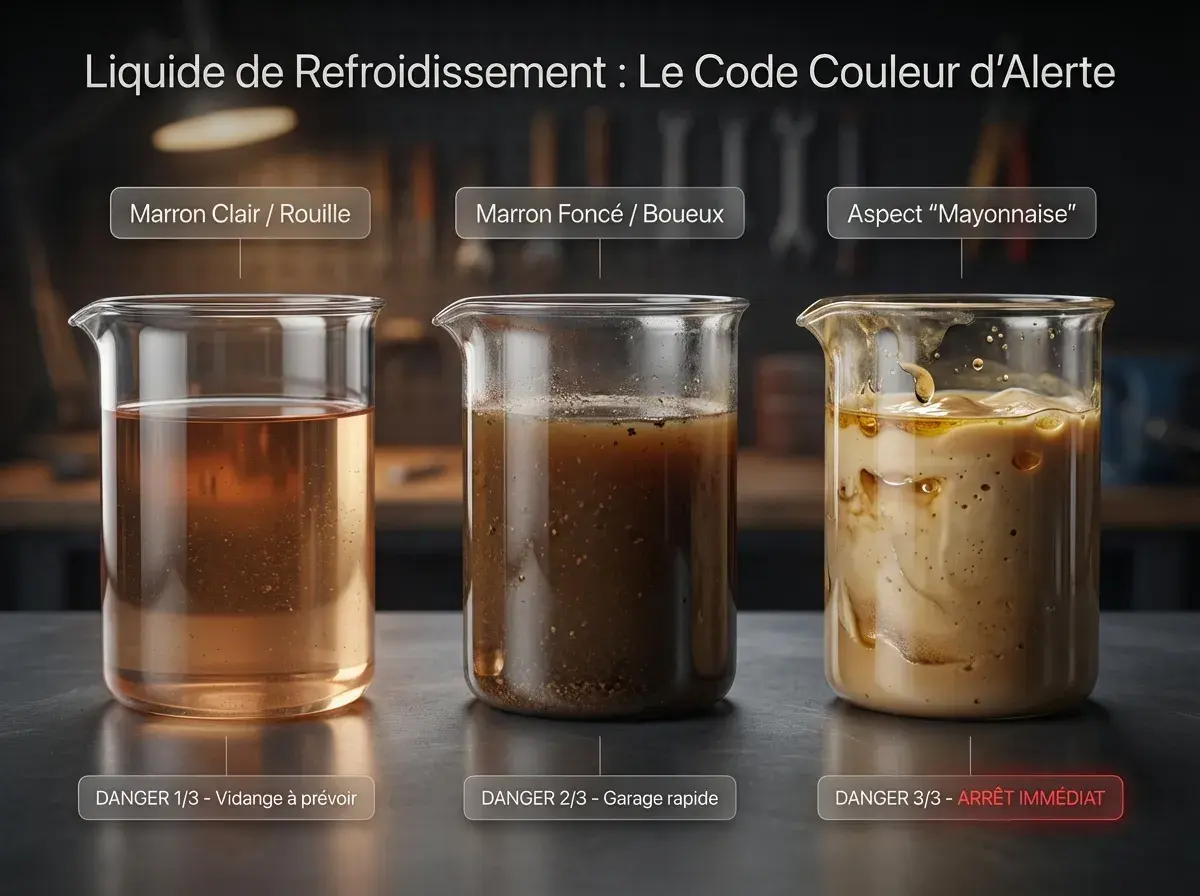 Trois béchers montrent l'évolution du liquide de refroidissement : clair/rouille, marron foncé/boueux, et aspect "mayonnaise". Un liquide de refroidissement marron foncé indique un danger.