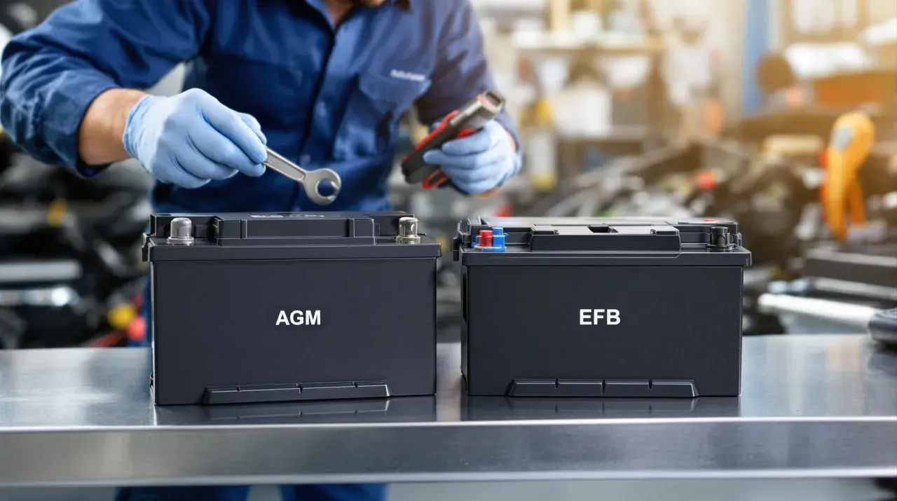 Mécanicien examinant deux batteries, une AGM et une EFB, pour un véhicule avec système start and stop.