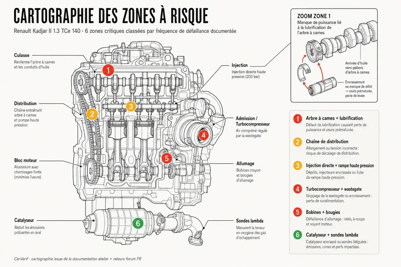Schéma du moteur Renault Kadjar II 1.3 TCe 140, illustrant les 6 zones critiques pour l'entretien et les risques de défaillance.