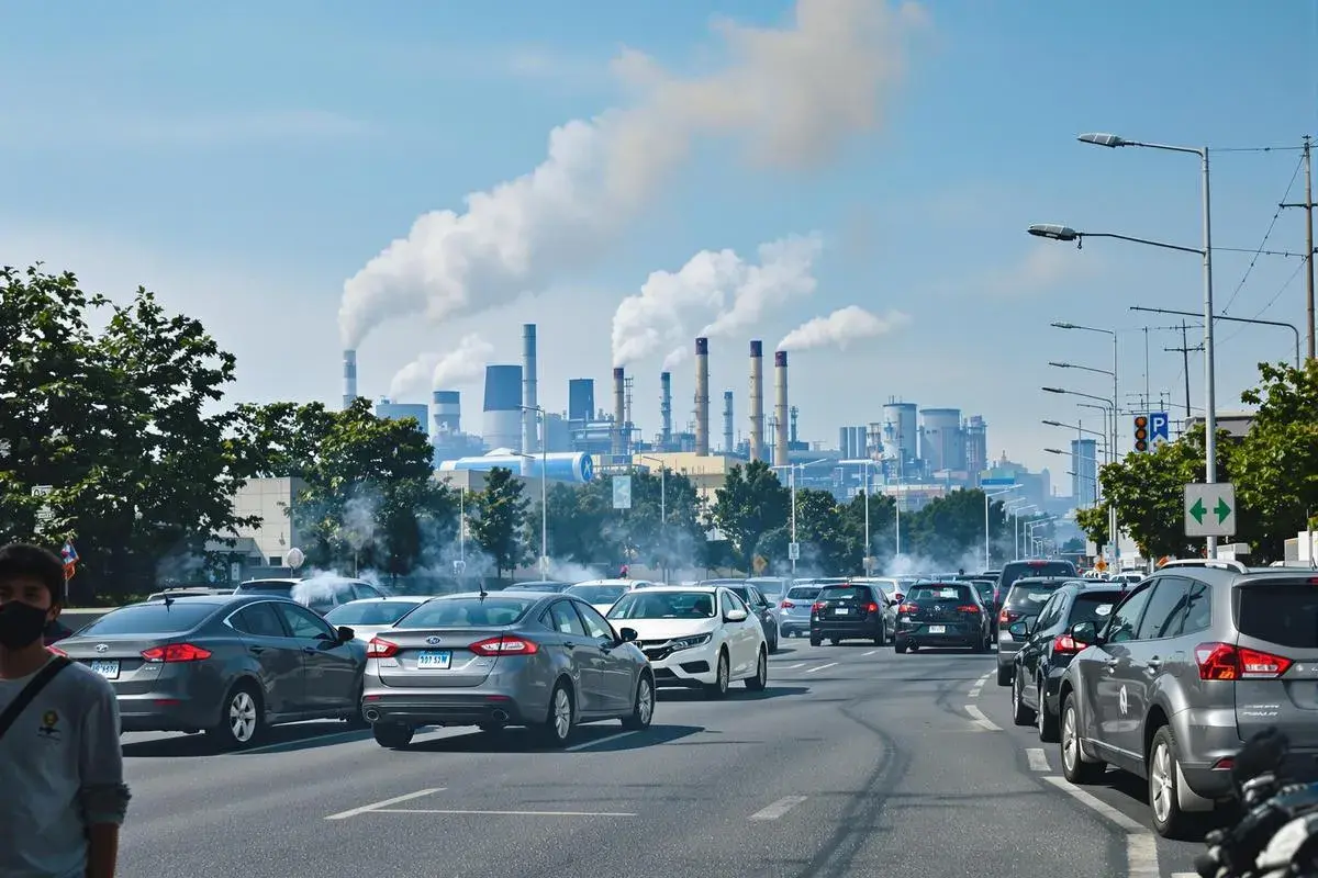 Trafic dense sous un ciel pollué par les cheminées d'une usine, un contrôle impossible des émissions à l'échappement.