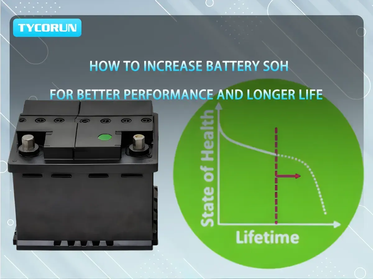 Une batterie automobile et un graphique montrant comment améliorer le SOH (State of Health) pour une meilleure performance et une durée de vie plus longue.