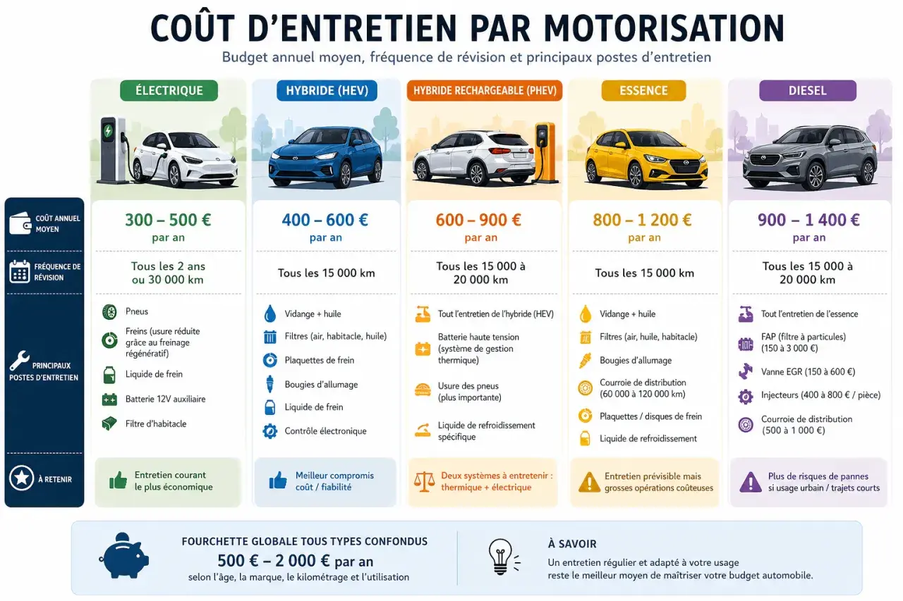 Coût d'entretien voiture : budget annuel, fréquence de révision et postes principaux pour chaque motorisation.