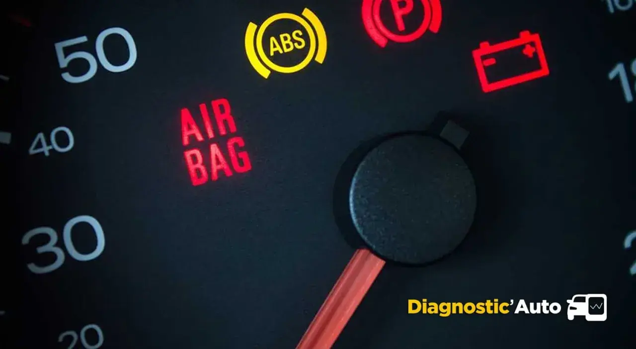 Tableau de bord d'une voiture avec le voyant "AIR BAG" allumé en rouge, signalant un problème. Le voyant ABS est jaune.