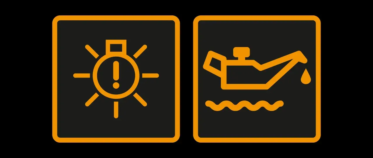 Voyant orange voiture : témoin d'alerte et niveau d'huile bas.