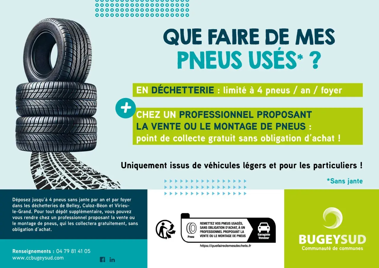 Pile de pneus usagés. Où jeter des pneus ? En déchetterie (4/an/foyer) ou chez un professionnel.