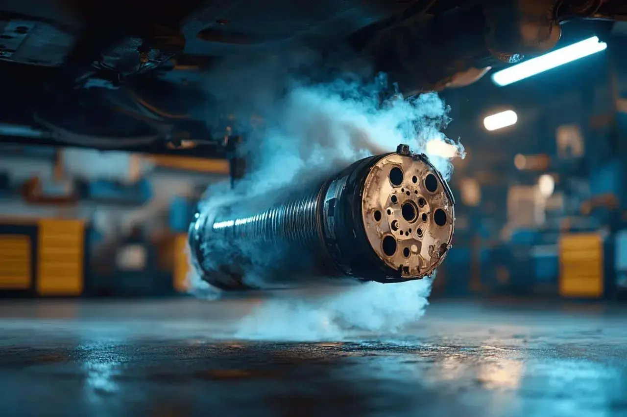 Fumée bleue s'échappant d'un catalyseur HS, symptôme d'un problème d'essence.