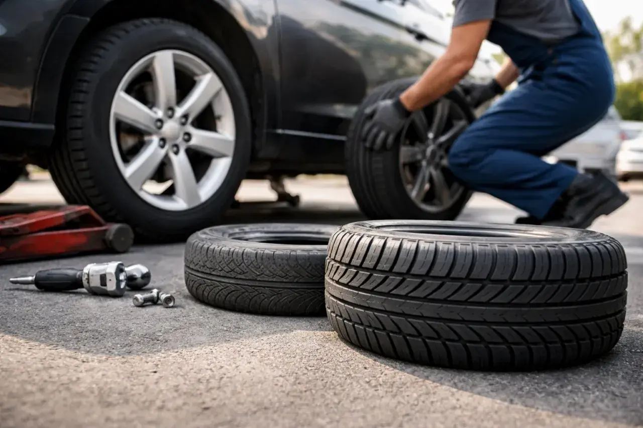 Un mécanicien change un pneu de voiture. Sur le sol, deux pneus usagés et des outils. La question "peut on changer un seul pneu" se pose.