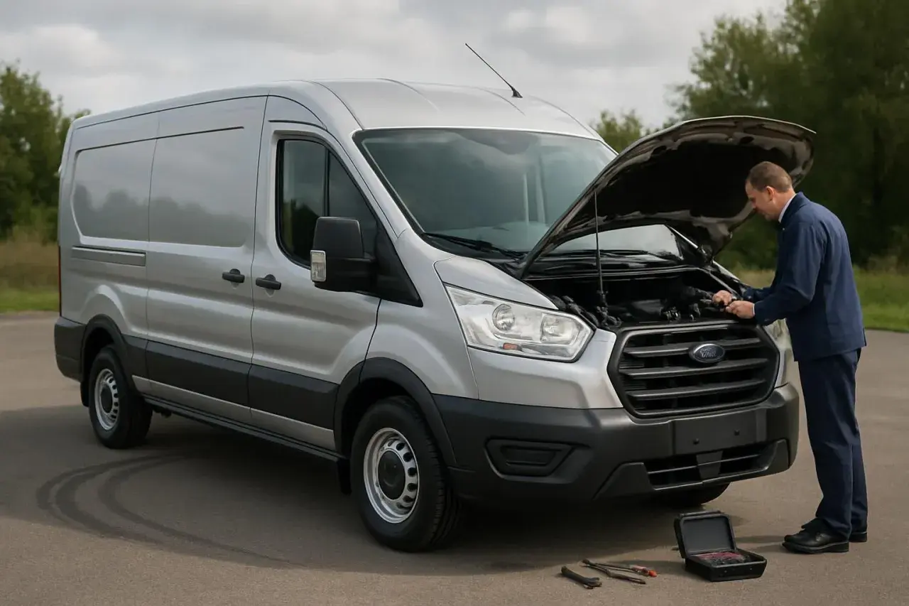 Un mécanicien effectue l'entretien d'un Ford Transit 170cv, capot ouvert, avec une trousse à outils à proximité.
