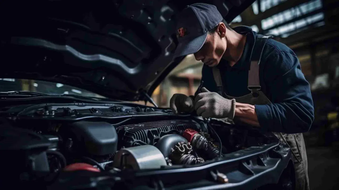 Mécanicien concentré sur le moteur d'une voiture, assurant le rodage parfait pour une performance optimale.