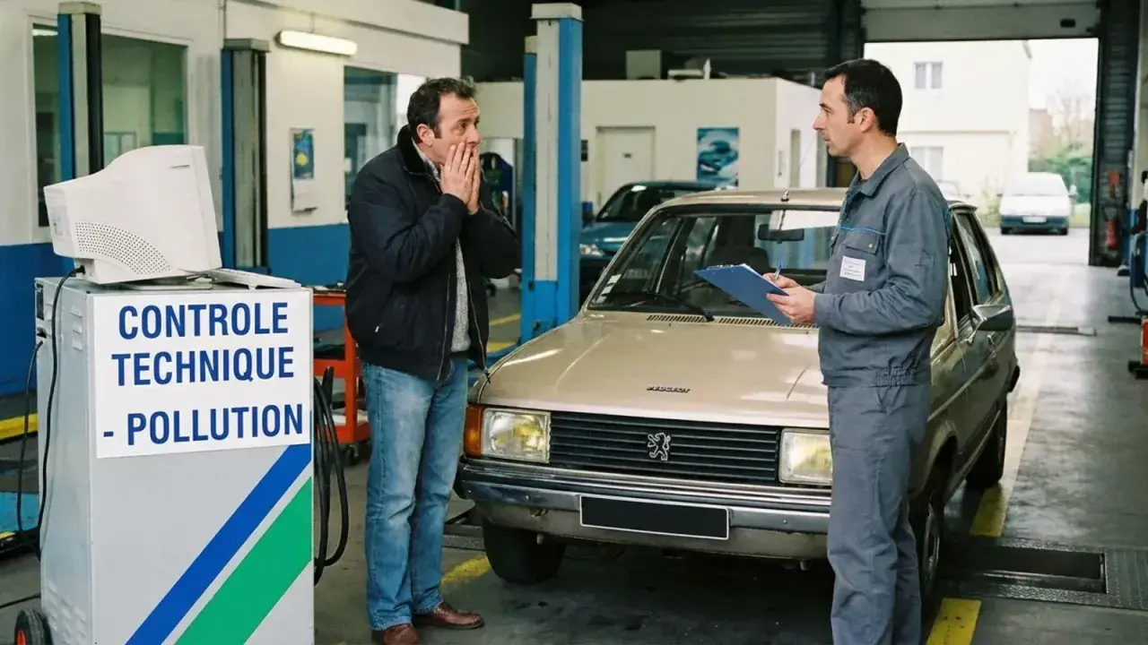Un homme découvre avec effroi que son **contrôle anti-pollution date dépassée**. Le technicien note sur son carnet.
