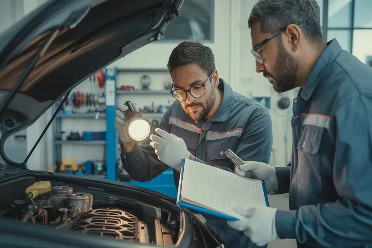 Mécaniciens examinant un moteur pour une voiture qui consomme de l'huile sans fuite visible. L'un éclaire avec une lampe torche, l'autre consulte un carnet.