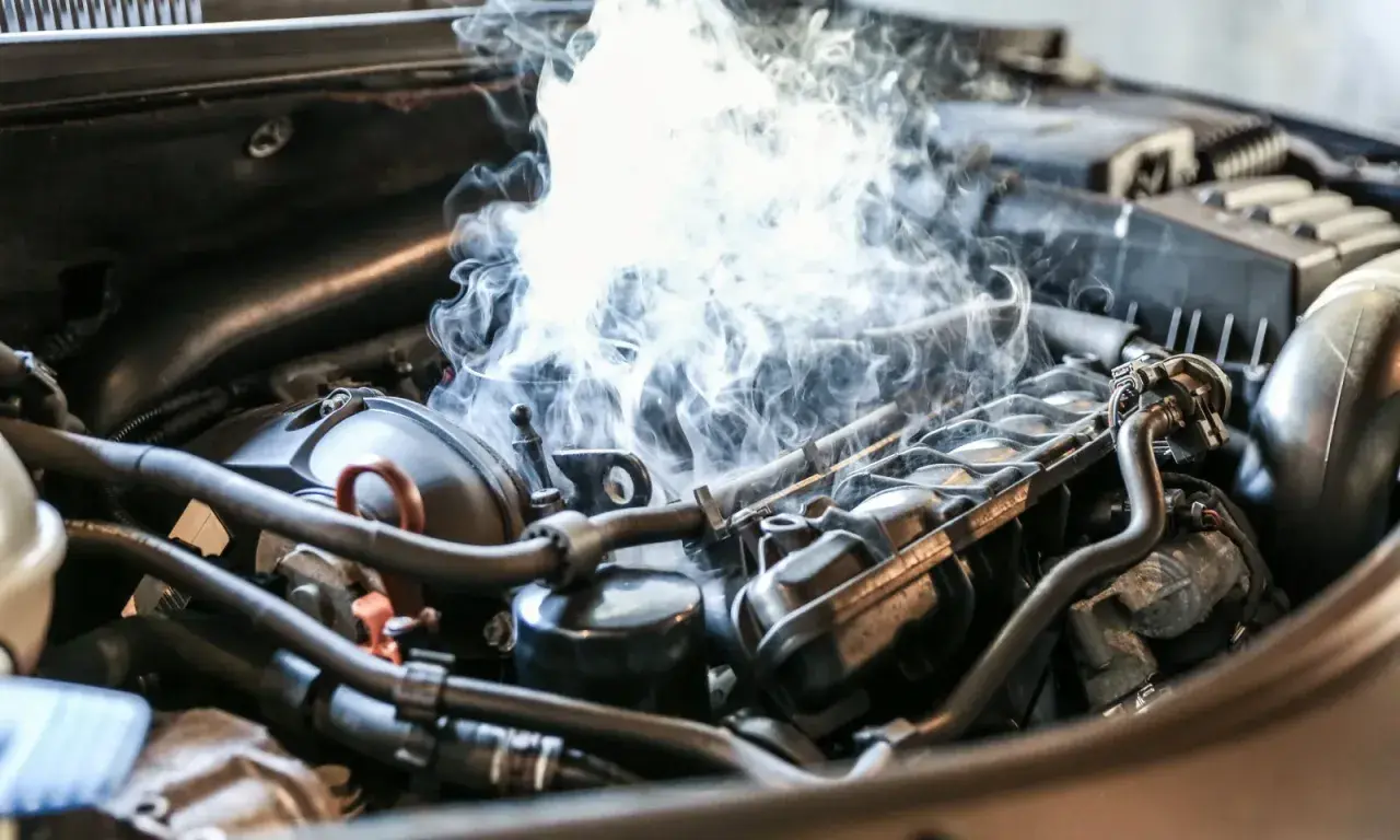 Fumée épaisse s'échappant du compartiment moteur d'une voiture essence, signe d'une cause surchauffe moteur essence.