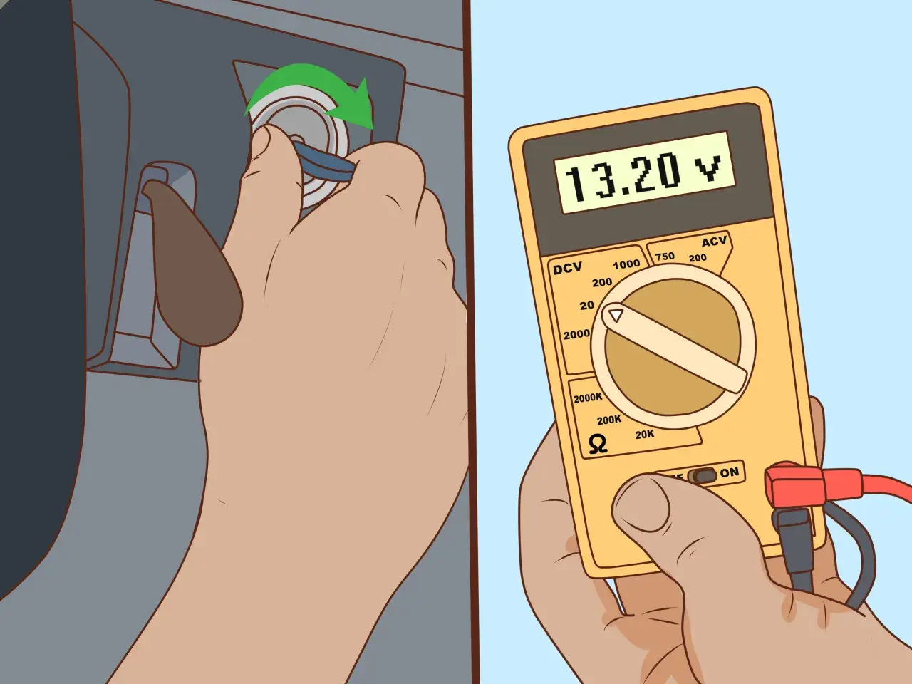 Main gauche insère une clé dans un contacteur. Main droite tient un multimètre affichant 13.20V, indiquant un problème de batterie qui ne charge pas avec chargeur.