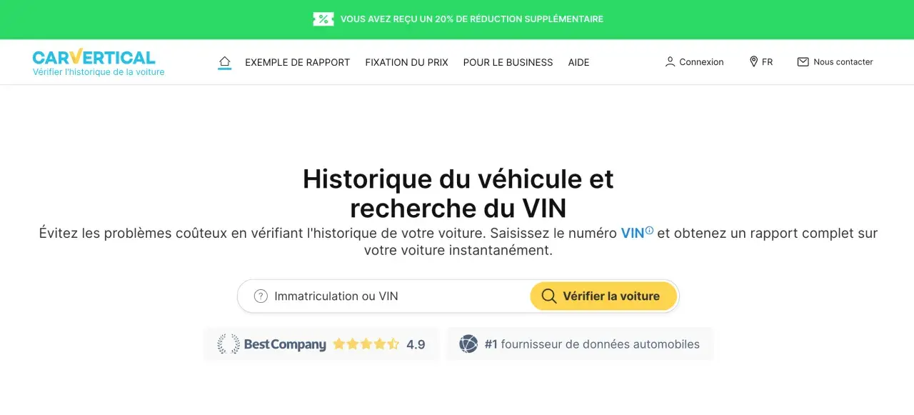 Vérifiez l'historique de votre voiture avec CarVertical. Entrez votre immatriculation ou VIN pour un rapport complet, comme avec Histovec.