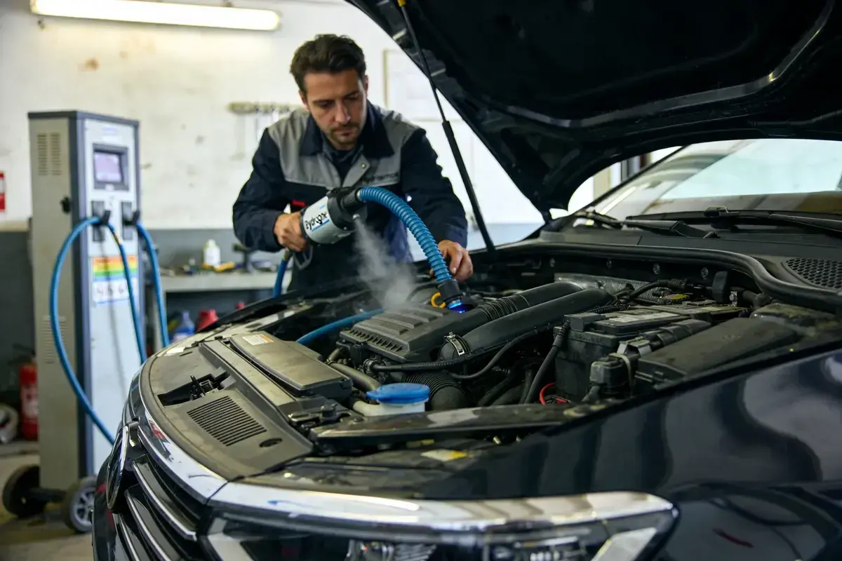Mécanicien effectuant un nettoyage hydrogène sur un moteur diesel. La vapeur s'échappe de l'appareil.