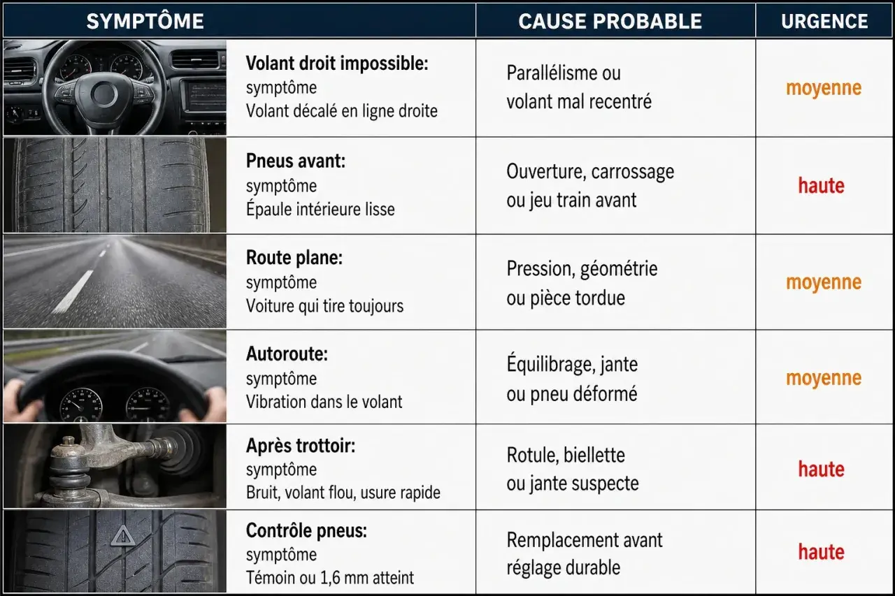 Tableau des symptômes de voiture : volant qui tire, usure des pneus, vibrations. Causes probables : parallélisme, géométrie, jantes. Urgence : moyenne à haute.