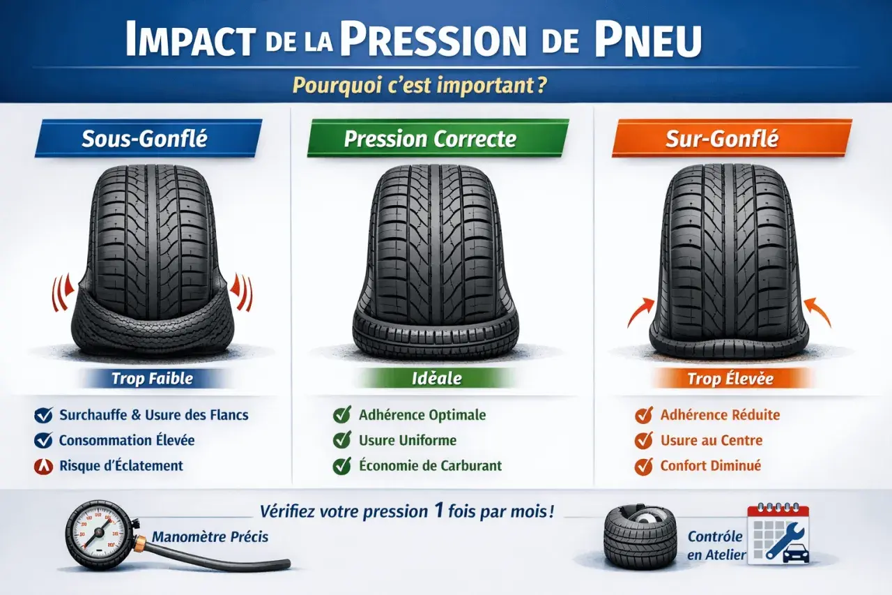 Comparaison de la **taille pneu** sous-gonflé, correcte et sur-gonflé. La pression idéale assure adhérence, usure uniforme et économie de carburant.