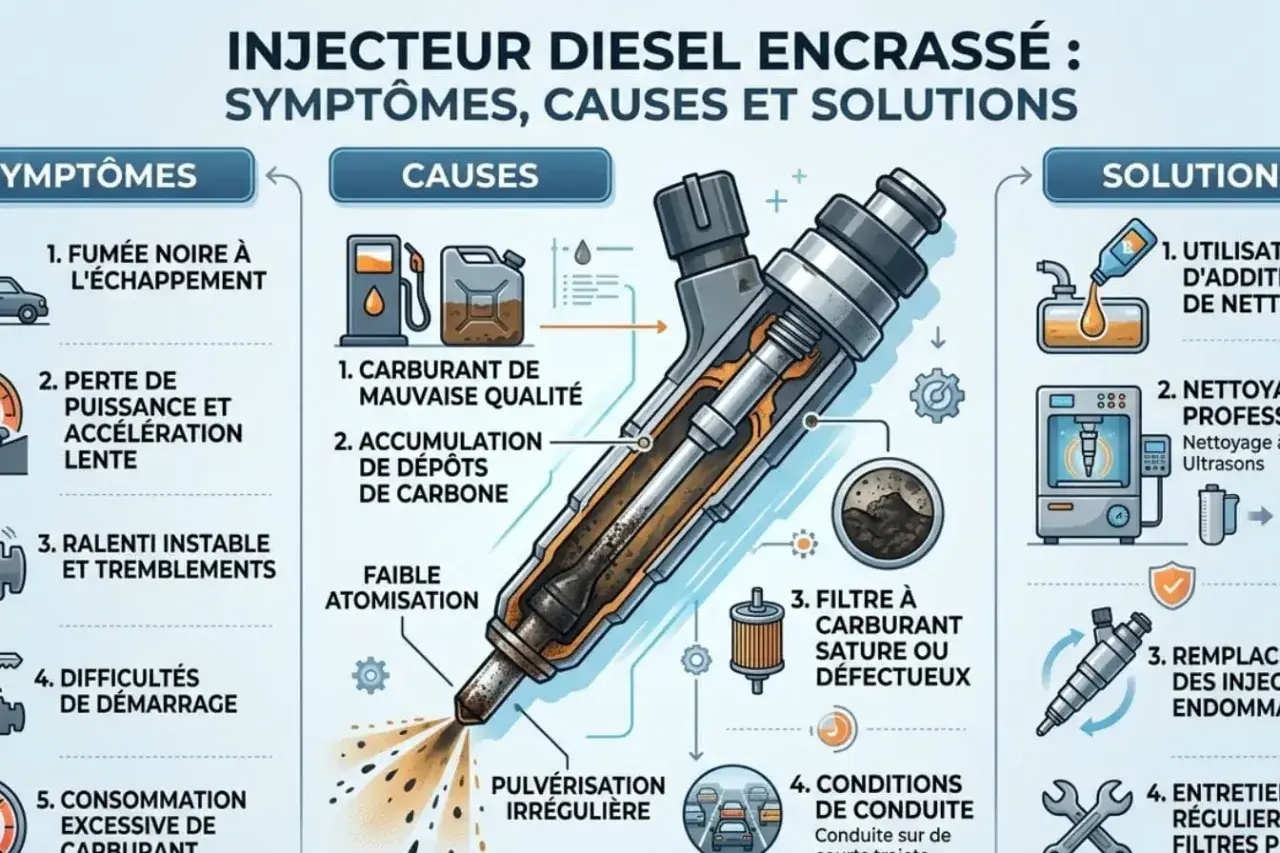 Schéma illustrant les symptômes d'un injecteur diesel encrassé : fumée noire, perte de puissance, ralenti instable, difficultés de démarrage, consommation excessive. Causes et solutions incluses.