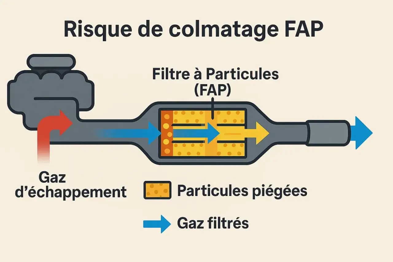 Schéma montrant le risque de colmatage du filtre à particules (FAP) : les gaz d'échappement entrent, les particules sont piégées, et les gaz filtrés sortent.