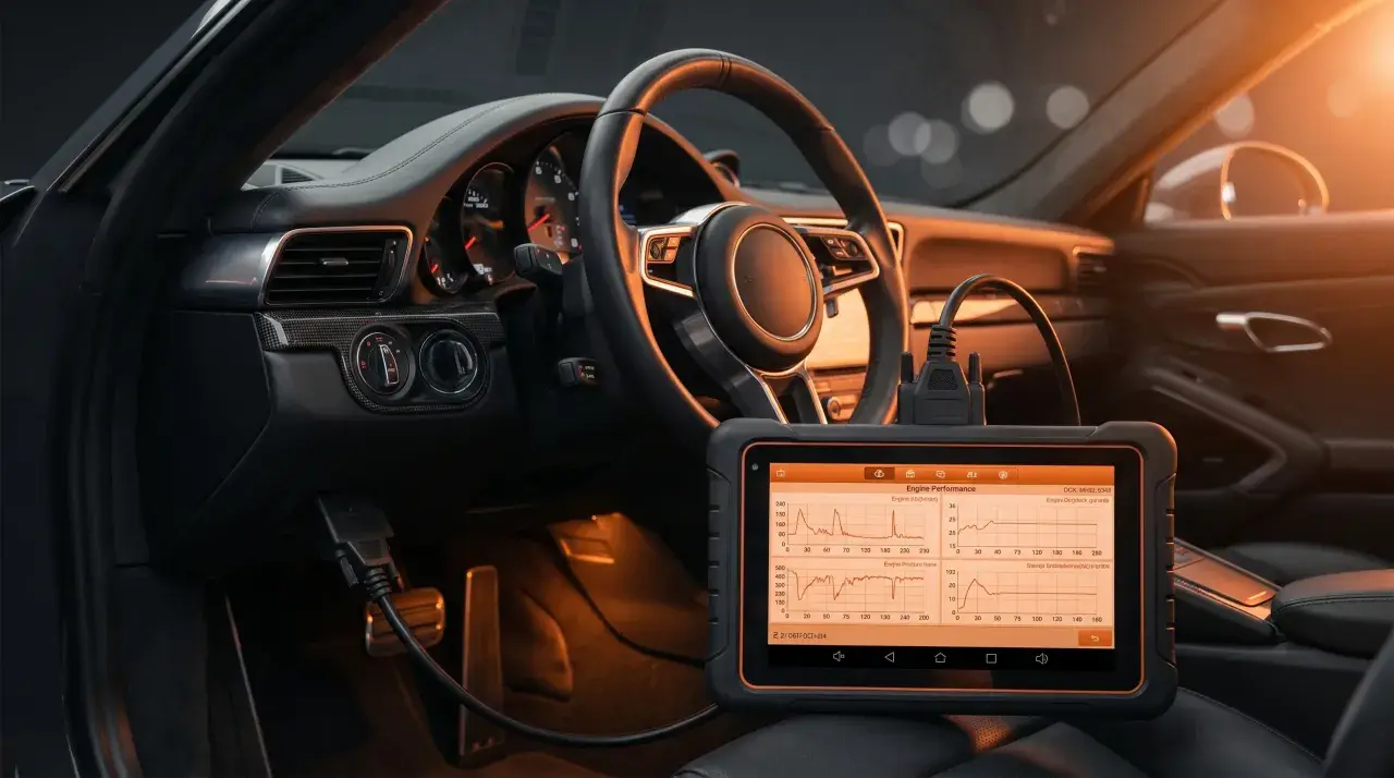 Diagnostic auto dans une voiture de luxe. L'appareil affiche des graphiques de performance moteur, utile pour connaître le prix valise voiture.