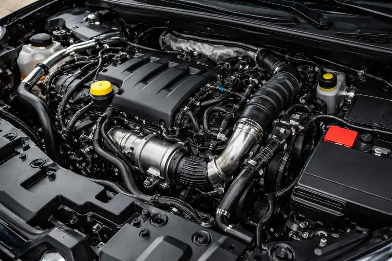Gros plan sur un moteur TSI moderne, avec ses composants complexes et son design épuré.