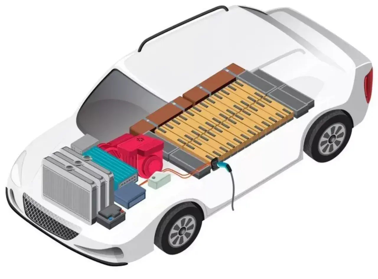 Vue éclatée d'une voiture électrique montrant le bloc de batterie, le moteur et le radiateur. La batterie voiture electrique est le cœur de ce véhicule propre.