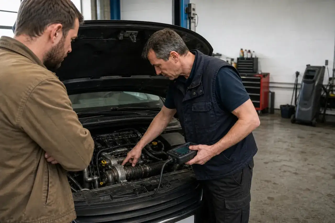 Mécanicien examinant un moteur avec un outil de diagnostic, discutant des symptômes du turbo HS avec un client.