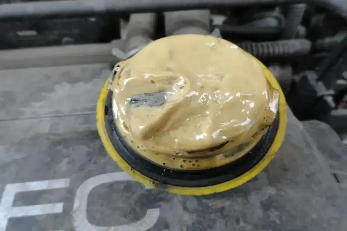 Bouchon d'huile moteur avec une émulsion jaune, signe potentiel d'un joint de culasse défectueux.