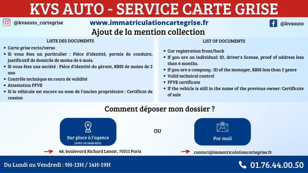 KVS AUTO vous aide pour votre carte grise collection. Documents nécessaires pour l'ajout de la mention collection.
