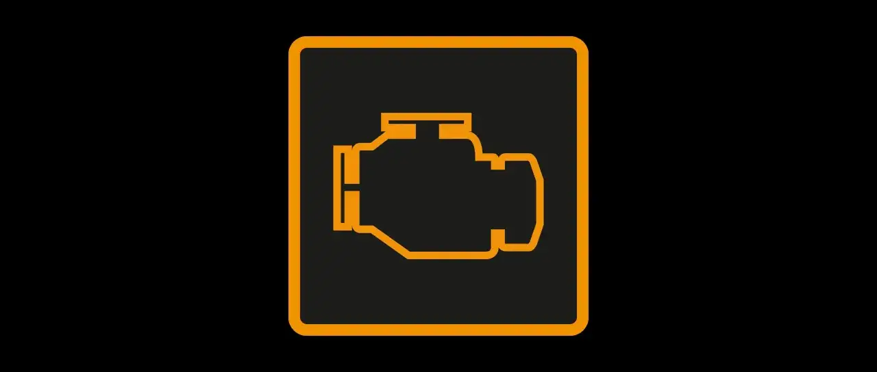 Voyant moteur qui s'allume et s'éteint sur un diesel. Icône orange d'un moteur dans un cadre carré sur fond noir.