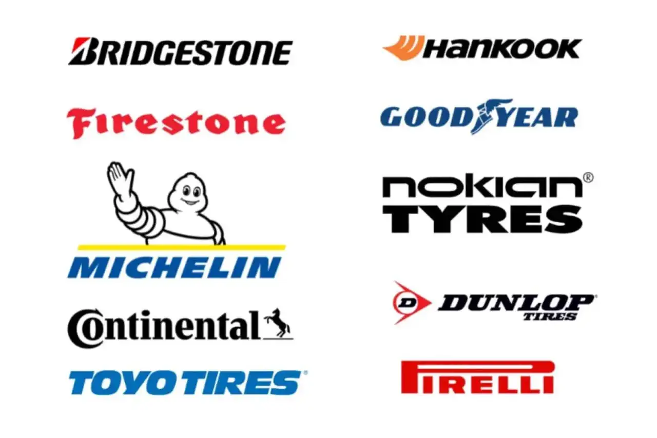Logos de marques de pneus : Bridgestone, Firestone, Michelin, Continental, Toyo Tires, Hankook, Goodyear, Nokian Tyres, Dunlop, Pirelli. Un classement des marques de pneus.