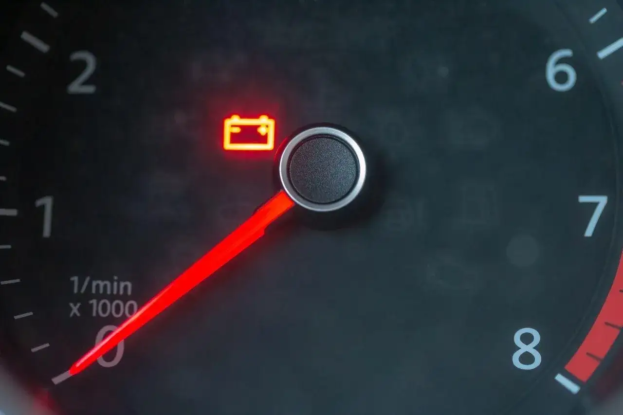 Voyant de batterie allumé sur le tableau de bord, signe d'une voiture qui ne démarre pas.