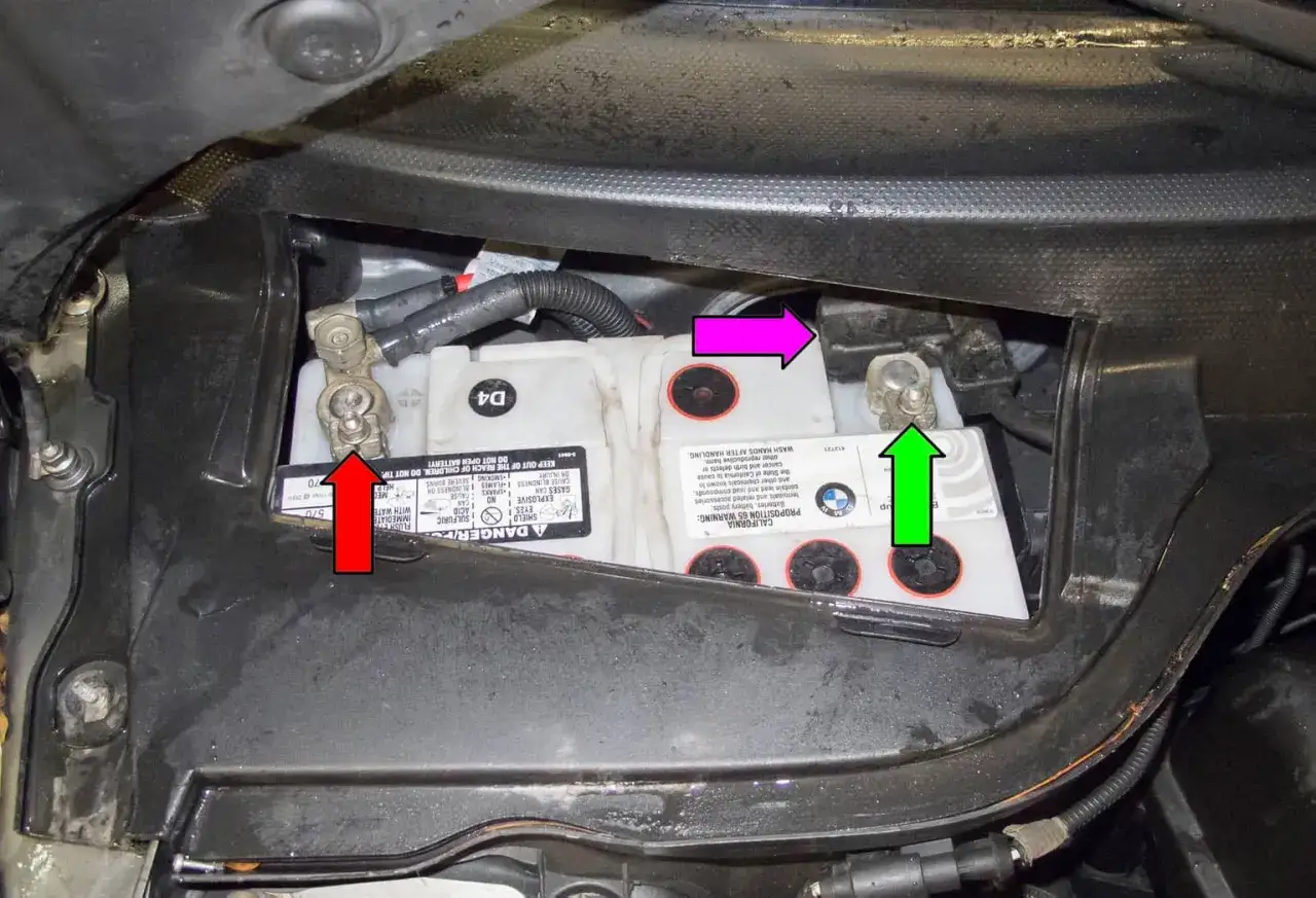 Emplacement batterie Mini Cooper : la batterie est visible sous un cache noir, avec des flèches indiquant les connexions.