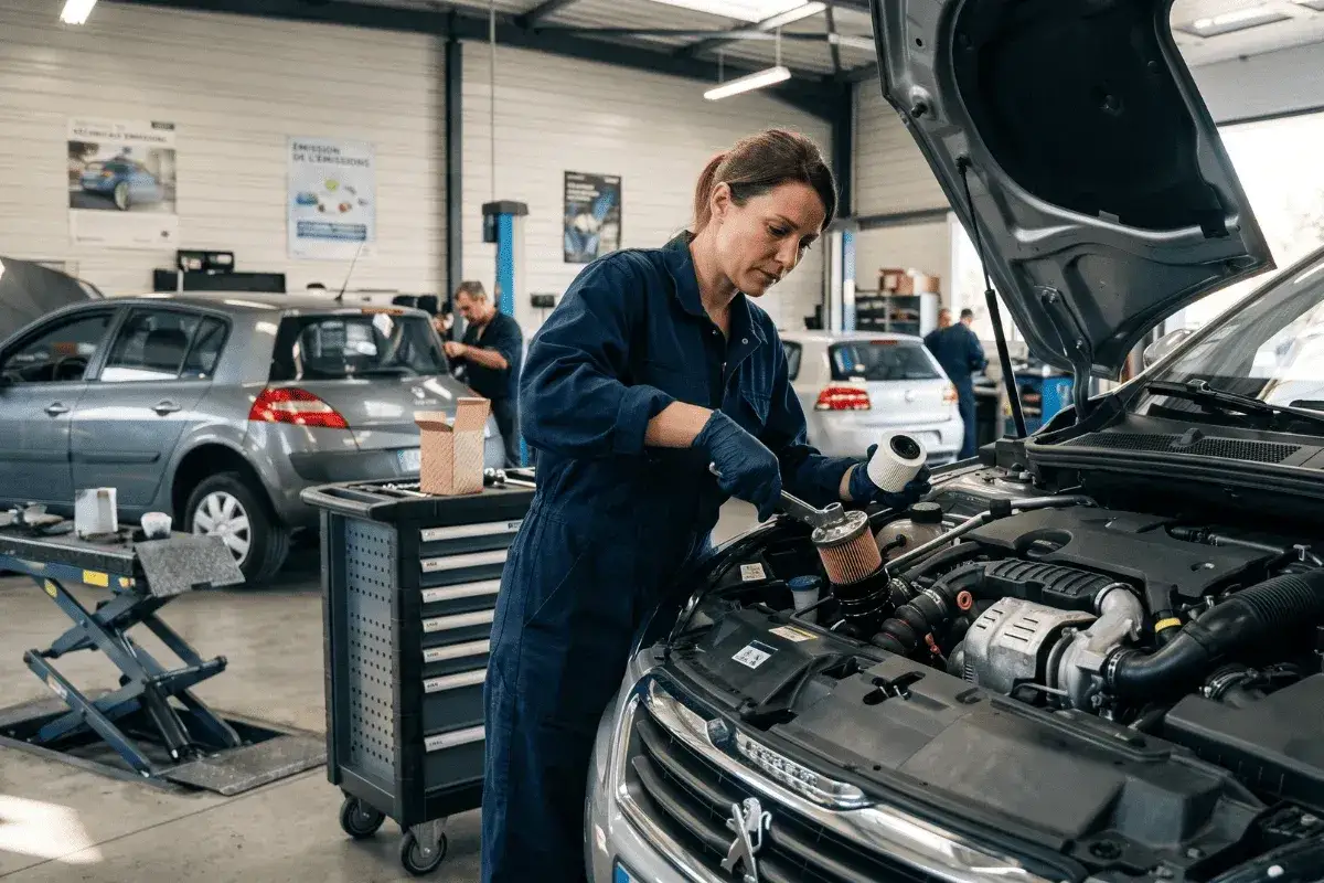 Mécanicienne remplaçant un filtre à huile, une étape clé pour le prix de la vidange d'une voiture diesel.