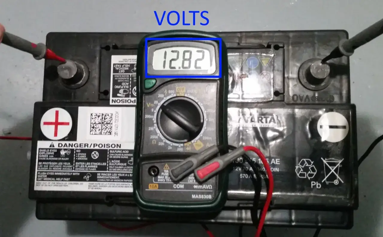 Multimètre affichant 12.82V pour tester la batterie voiture.