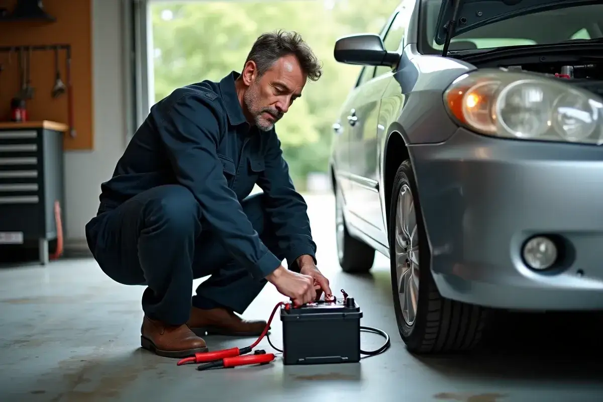 Un mécanicien charge une batterie de voiture. La question est : peut-on charger une batterie sans la débrancher ? Il semble que oui.