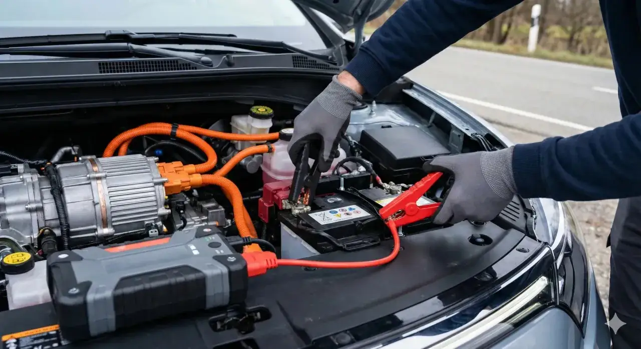 Main d'une personne avec des gants connectant des câbles de démarrage à une batterie de voiture, résolvant un problème de démarrage à chaud.