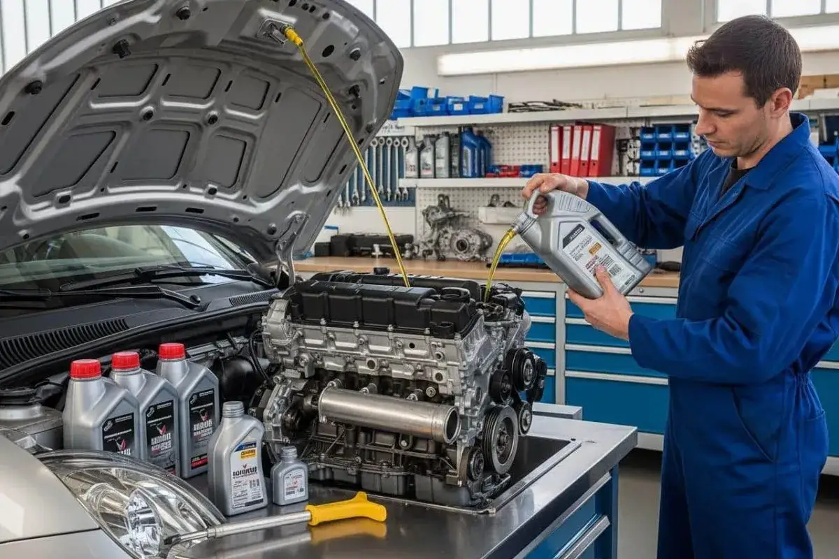 Mécanicien effectuant la vidange d'une Fiat 500, versant de l'huile moteur neuve dans le bloc.