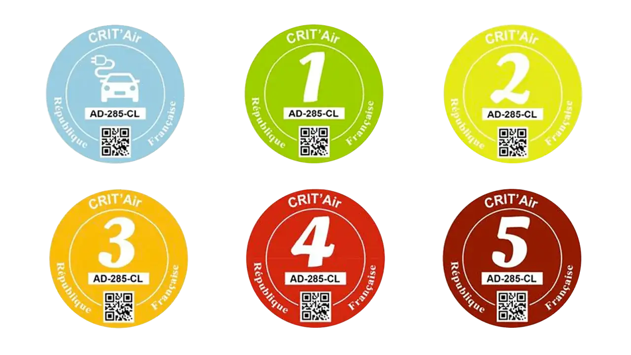 Six vignettes Crit'Air françaises, numérotées de 1 à 5, plus une vignette pour véhicule électrique. Certaines vignettes Crit'Air, comme celle de la classe 4, peuvent indiquer un contrôle anti-pollution date dépassée.