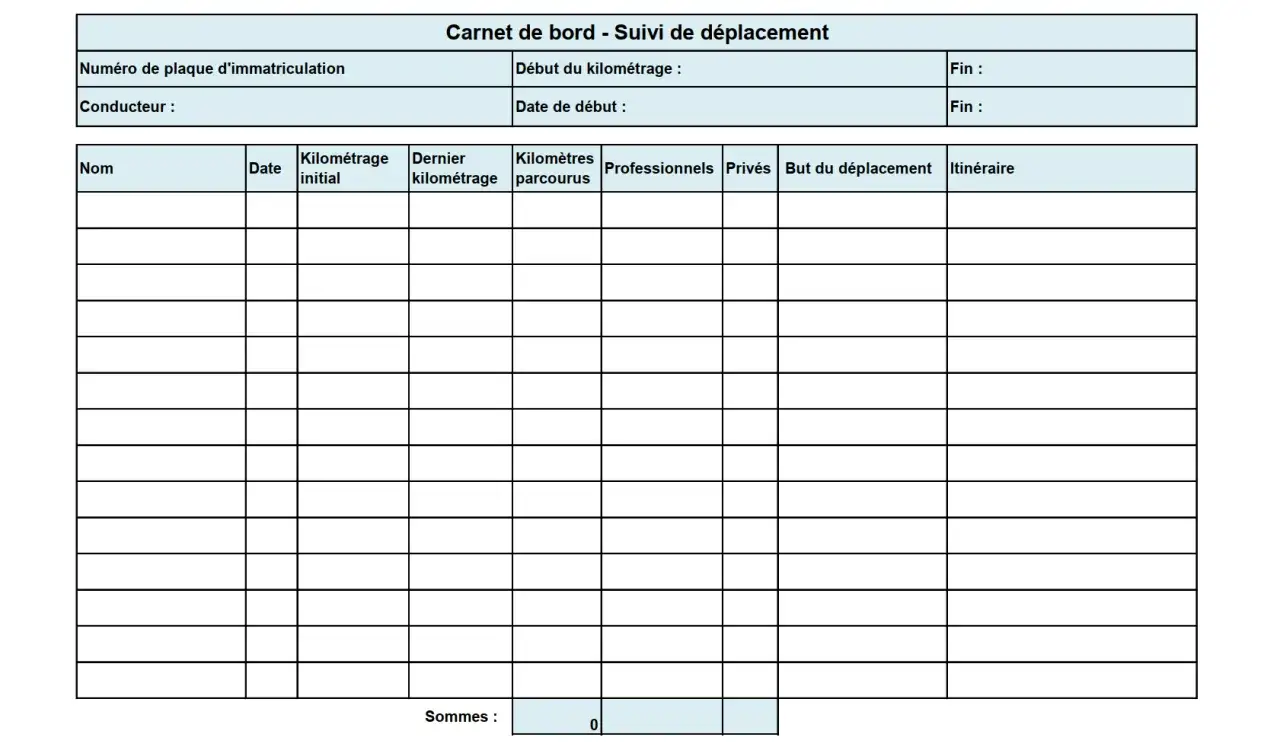 Carnet de bord pour le suivi des déplacements de voiture. Ce document permet de gérer le kilométrage, les trajets professionnels et privés, et peut servir pour un suivi entretien voiture gratuit.