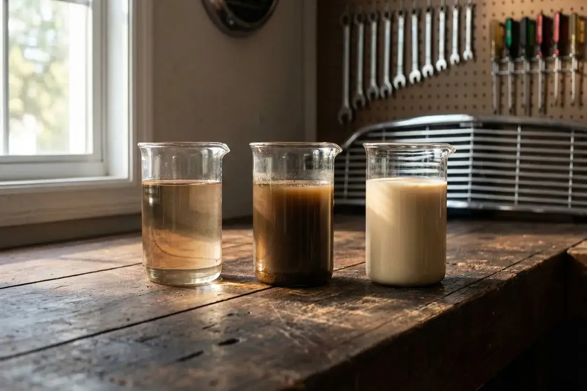 Trois béchers sur un établi en bois : un avec un liquide clair, un autre avec un liquide de refroidissement marron trouble, et le dernier avec un liquide laiteux.