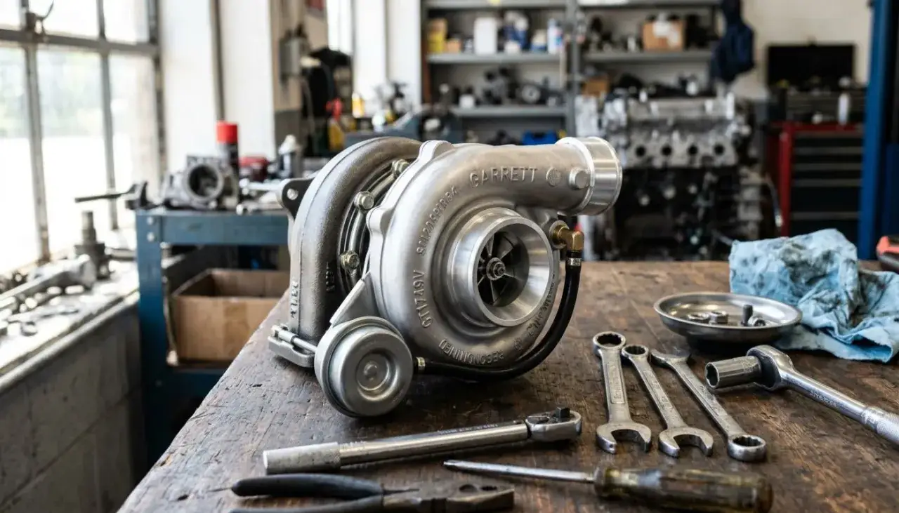 Un turbo Garrett, prêt pour un échange standard ou neuf, trône sur un établi d'atelier avec des outils.