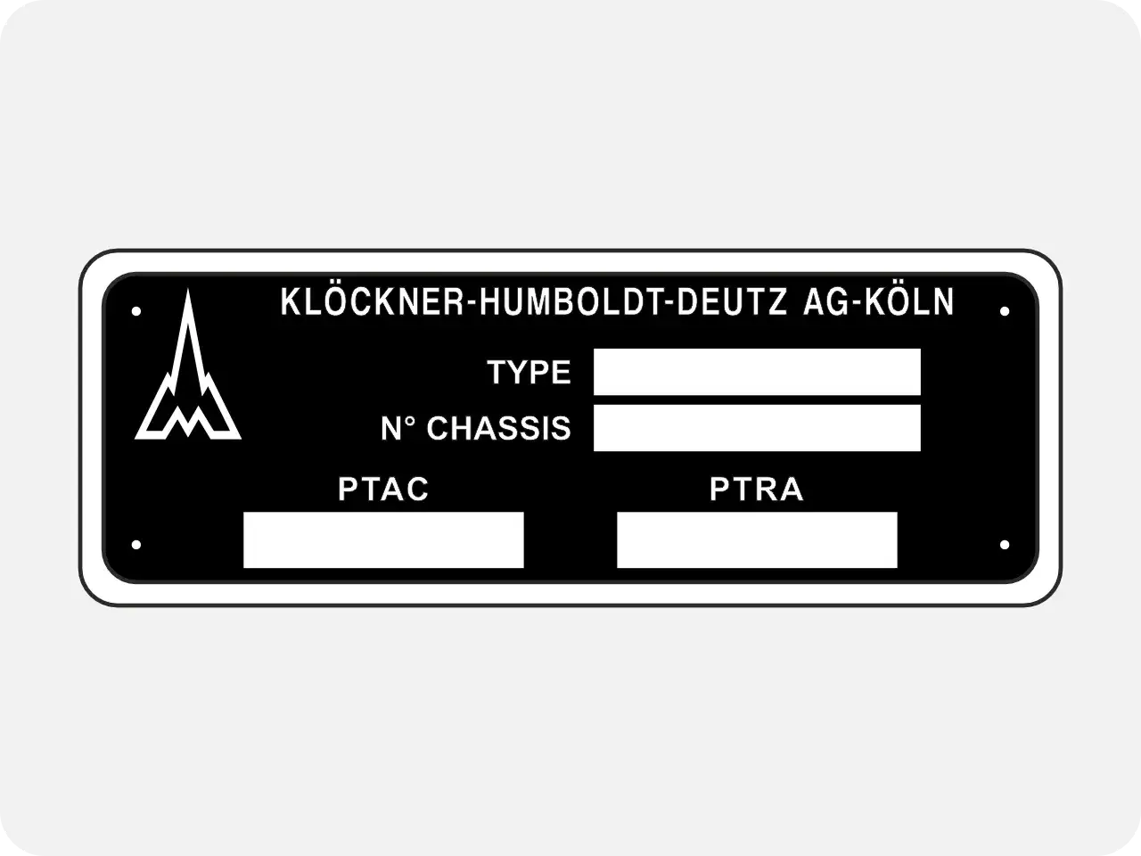 Plaque constructeur KHD AG-Köln. Pour savoir où trouver OEM voiture, consultez les informations de type, N° chassis, PTAC et PTRA.