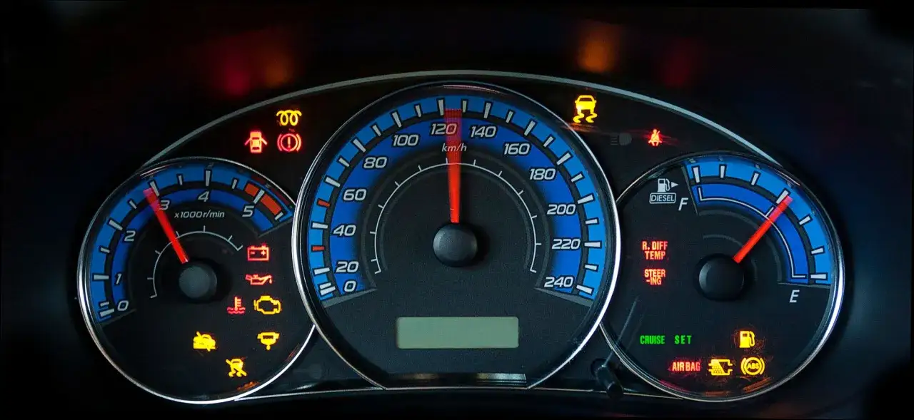 Tableau de bord allumé, voyants de contrôle moteur et injection à contrôler. Peut-on rouler ? Vitesse à 120 km/h.